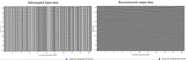 (Left) Vincent oilfields input data used for training, (right) output data based on reconstructed traces-to-trace approach