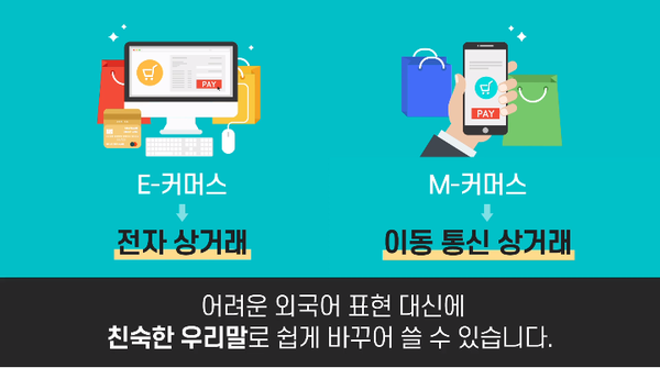 ▲ 'E-커머스'는 '전자 상거래'로, 'M-커머스'는 '이동 통신 상거래'로 바꿔 쓸 수 있다. (ⓒ 한양대한국어문화원 공식 유튜브)