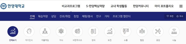 ▲ '비교과 프로그램' 카테고리에서는 한양핵심역량에 따라 교내 모든 비교과 프로그램을 조회할 수 있다 (ⓒ하이루 캡처)