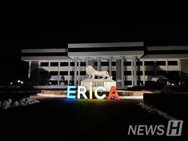 ▲ 밤이 되면 사자상을 둘러싼 조명이 켜진다. 'ERICA' 간판도 알록달록하게 빛나고 있다.