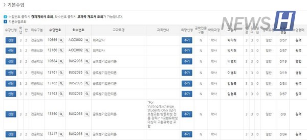 ▲ 수강forever 토토사이트 사이트 '기본수업' 탭에는 이번 학기에 꼭 들어야 할 수업이 나온다 (ⓒ수강신청 사이트 캡처)
