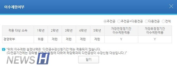 ▲ 전공 '경영의 이해'의 이수제한여부 (ⓒ수강신청 사이트 캡처)