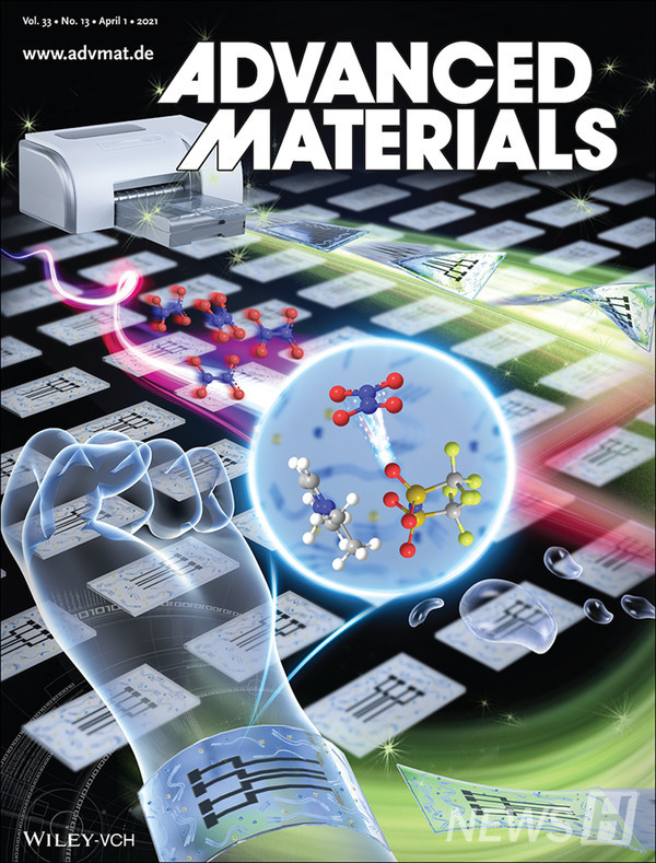 April cover of "Advanced Materials" (Mimetic diagram of skin wearable iontronic gas sensor sticker)