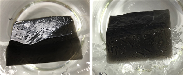 [그림3] 신규 공정으로 제작된 전극층-초발수층(왼쪽), 기존 데칼전사 공정으로 제작된 전극 층(오른쪽)
