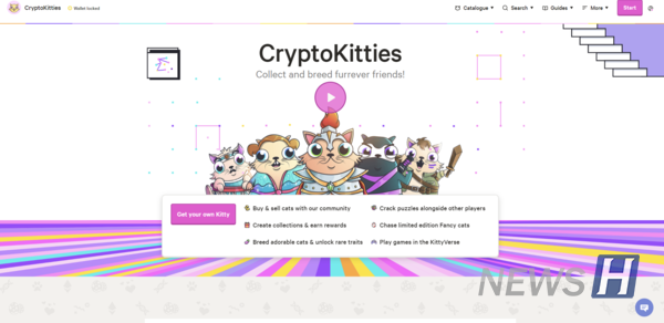 ▲ 크립토키티(CryptoKitties) 홈페이지 모습 중 일부. NFT 기술을 이용한 가상의 고양이 육성 게임인 크립토키티는 각각의 고양이가 NFT 토큰으로 고유의 일련번호를 부여받는다. © 크립토키티