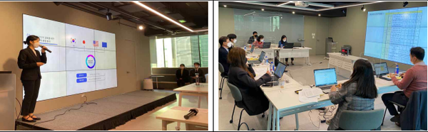 대통령상을 토토사이트 배너만들기한 김해담,김지호,김순정(ERICA팀)이 발표를 하고있다.(사진 제공 : 특허청)