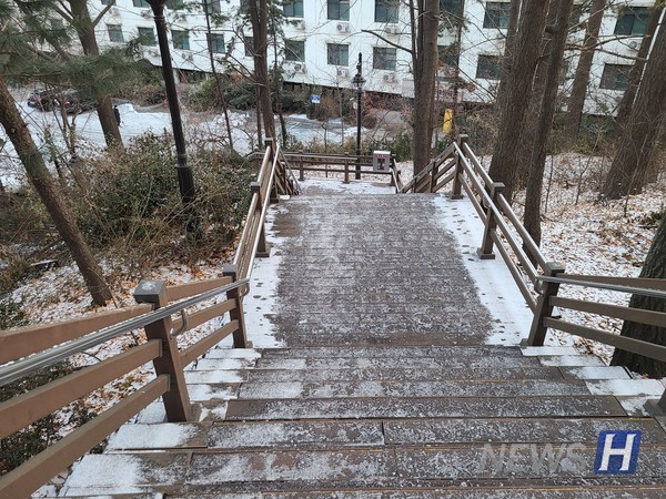 ▲ 미래교육관과 제1학생생활관을 잇는 나무계단엔 한양인의 발자국에 살짝 녹은 듯한 눈이 보인다.