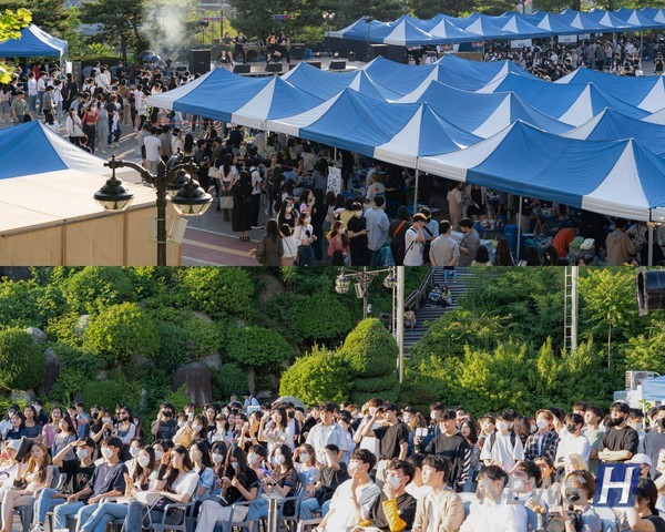 ▲ 애지문과 한마당 앞 부스(위)와 동아리연합회 문화의 거리에서 동아리 공연을 즐기는 사람들. ⓒ 박은지 기자