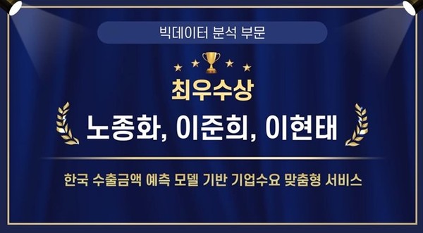 ▲ '산업통상자원부 공공데이터 활용 비즈니스 아이디어 공모전'에서 노종화, 이준희, 이현태(이상 비즈니스인포메틱스학과 석사과정)씨가 최우수상을 받았다.  ⓒ 이준희 학생