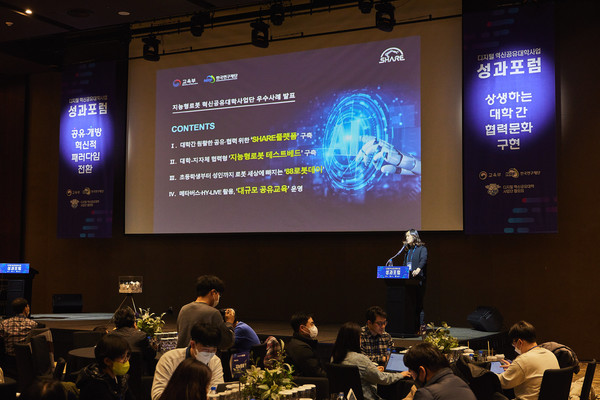 [사진1] 한양대 ERICA 한재권 교수가 지난 16일부터 18일까지 3일동안 개최된 ‘2022년 하반기 디지털 혁신공유대학사업 성과포럼’에서 지능형로봇 혁신공유대학사업단의 우수사례를 발표하고 있다. (사진제공=한양대)