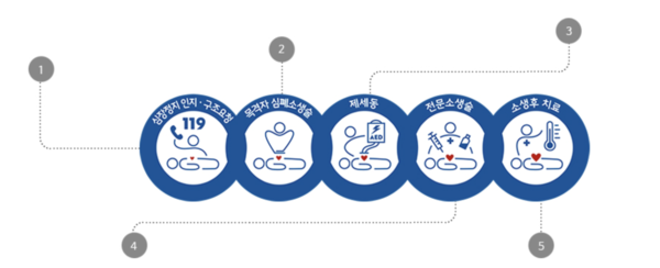 ▲ 국내 심정지 환자의 소생 과정 지침으로 사용되는 '생존 사슬'의 모습이다. 오 교수는 기존 5단계로 구성된 생존 사슬에 새롭게 추가된 '회복' 고리에 주목했다. ⓒ 대한심폐소생협회