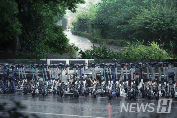 ▲ 고요한 빗소리 속 산책로와 일렬로 세워진 킥보드.