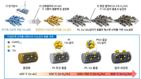  다성분계 산화물 지지체 내에서의 합금 나노입자 용출 과정 모식도 