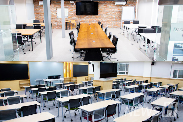 ▲ (Top) Decacorn Room, a meeting room, and (Bottom) Idea Factory, an open lecture room