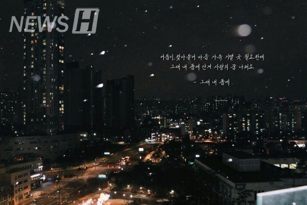 ▲ 공원길에서 내려다본 야경. 흩날리는 눈이 겨울의 서정을 더한다.