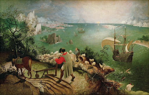 ▲ 피터르 브뢰헬의 '추락하는 이카루스가 있는 풍경'(1555~1558). 그림의 우측 하단에, 물에 잠겨 다리만 솟은 이가 바로 이카루스다.