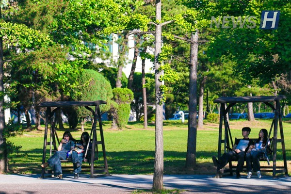 ▲ Students lounge on swings in the shade, enjoying a peaceful afternoon.