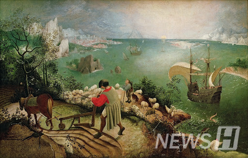 ▲ 피터르 브뢰헬의 '추락하는 이카루스가 있는 풍경'(1555~1558). 그림의 우측 하단에, 물에 잠겨 다리만 솟은 이가 바로 이카루스다. 