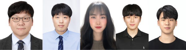 (왼쪽부터) 한양대 유기나노공학과 위정재 교수, 부산대 응용화학공학부 김채빈 교수, 동의대 화학공학과 정소담 교수, 부산대 응용화학공학부 윤여명 박사과정생, 한양대 유기나노공학과 문호준 석박사통합과정생