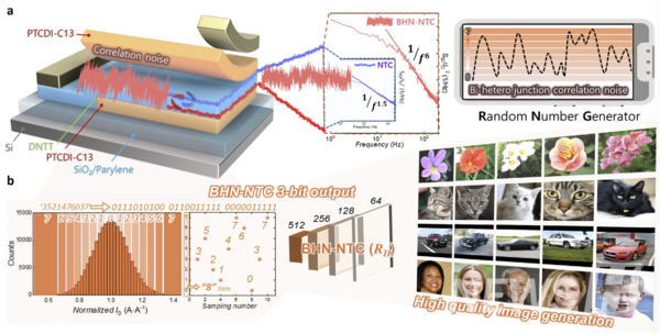 ▲ 研究概略图。利用晶体管结构中两处异质结产生的高水平噪声，实现了可信赖的基于硬件的TRNG。 ⓒ 柳浩天 토토사이트 메인 디자인