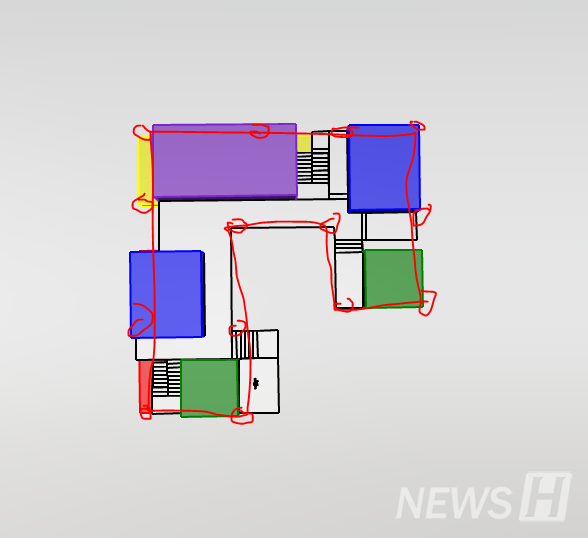 ▲ Diagram created to implement openness of the team’s project into real life. To make the first floor fully open and elevate the upper space, the team reviewed optimal pillar and structural locations matching the arranged program (color blocks). © Student Kwon Dae-hee