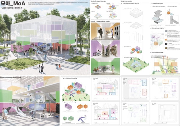 ▲ LH 공원건축물 디자인 공모전에서 최우수상을 받은 '모아(MoA)'팀의 프로젝트 조감도. ‘어린이의 블록 상자’와 ‘놀이터’에서 영감을 얻어 만든 '모아'는 공원 내 다양한 활동을 한데 모으고, 경계 없는 열린 공간을 통해 이용자들이 자유롭게 드나들 수 있도록 설계됐다. © 권대희 학생 ▲ An aerial view of the ‘MoA’ team’s project that won the grand prize at the LH 토토사이트 공지 Architecture Design Competition. Inspired by children’s block boxes and playgrounds, MoA gathers diverse activities within the 토토사이트 공지 and is designed as an open space without boundaries, enabling users to come and go freely. © Student Kwon Dae-hee
