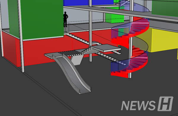 ▲ 3D rendering architecturally visualizing the project's key concept, the playground. The team developed ideas by visualizing playground elements such as slides and stairs as architectural features. © Student Kwon Dae-hee