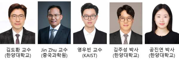 (좌측부터) 한양대 김도환 교수, 중국과학원 Jin Zhu 교수, KAIST 영우빈 교수, 한양대 김주성 박사, 한양대 공진연 박사