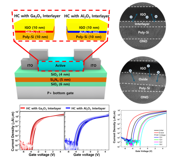 (Top) Newly inserted interface materials within the hybrid channel and cross-sectional electron microscope structure (Bottom) Transistor 프랑스 토토사이트 and memory window operation characteristics for each interface material (상) 