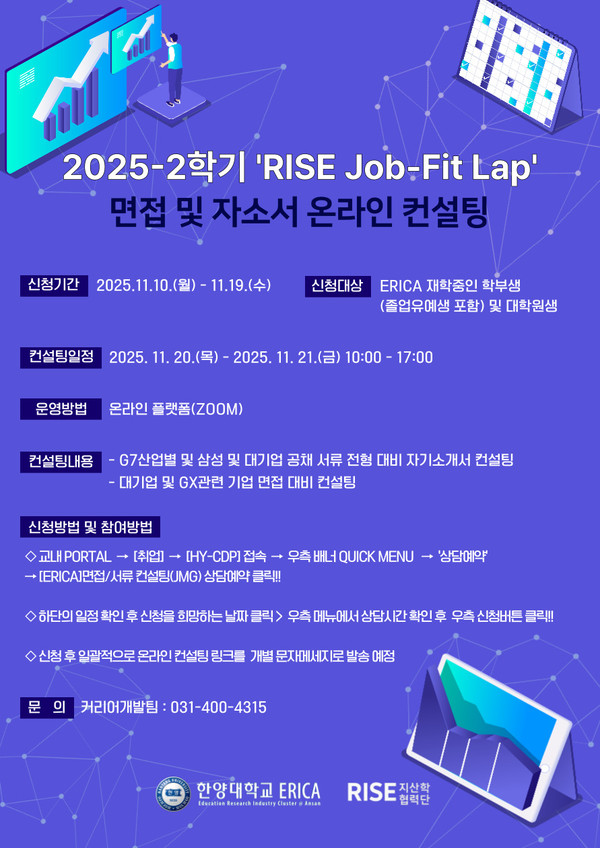 ▲ 한양대 에리카 커리어개발팀 '2025-2학기 RISE Job-Fit Lap(면접 및 자소서 온라인 컨설팅)'의 포스터. ⓒ E-커리어개발팀