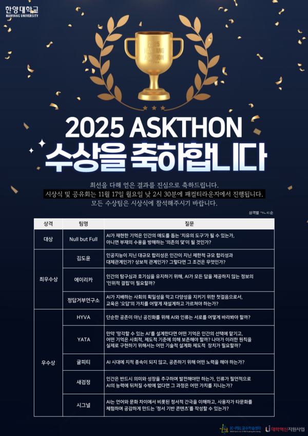 2025 ASKTHON(애스크톤) 최종 수상팀 발표 ⓒERICA IC-PBL교수학습센터