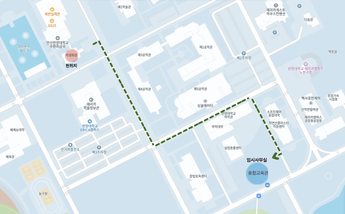 ▲ 학생회관에서 융합교육관 사무실을 찾아가는 길이 안내된 지도이다. ⓒ ERICA 학생지원팀