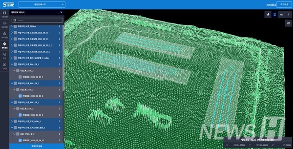▲ BIM-GIS 기반 지능형 관제 플랫폼 화면. 3차원으로 구현된 디지털 지형 위에서 플랫폼이 분석한 장비의 최적 이동 경로가 표시돼 있다. ⓒ 서종원 교수