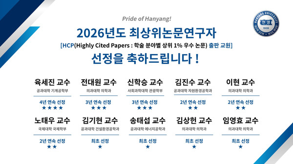 ▲ 한양대 2026년도 최상위논문웹툰사이트 토토사이트 선정 명단.